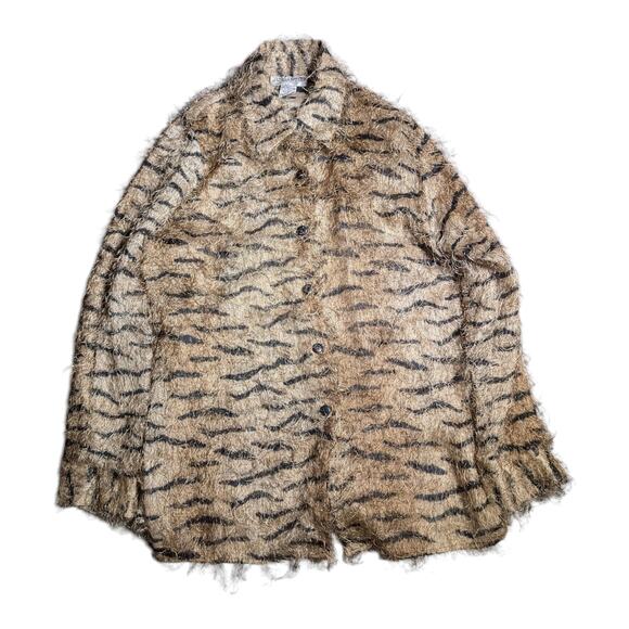 Vtg 1990s Gantos Beige Zebra Print Fuzzy Eyelash Semi Sheer Button Up Top Sz M - Picture 1 of 4